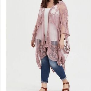 Torrid Blush Pink Embroidered Lace Mesh Kimono Shawl OS
